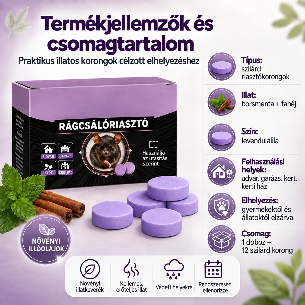 A kártevőriasztó korongok jellemzői és csomagtartalma