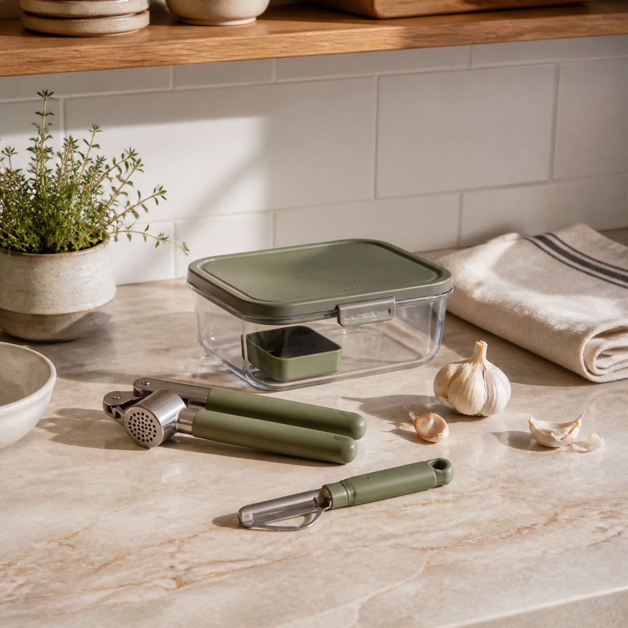 Organized kitchen counter with compact kitchen tools