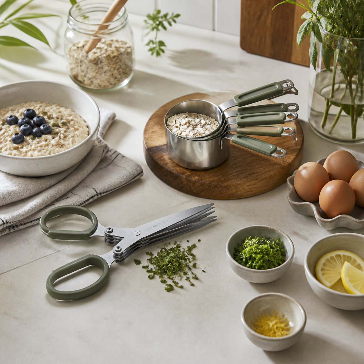 Breakfast prep with measuring cups and kitchen scissors