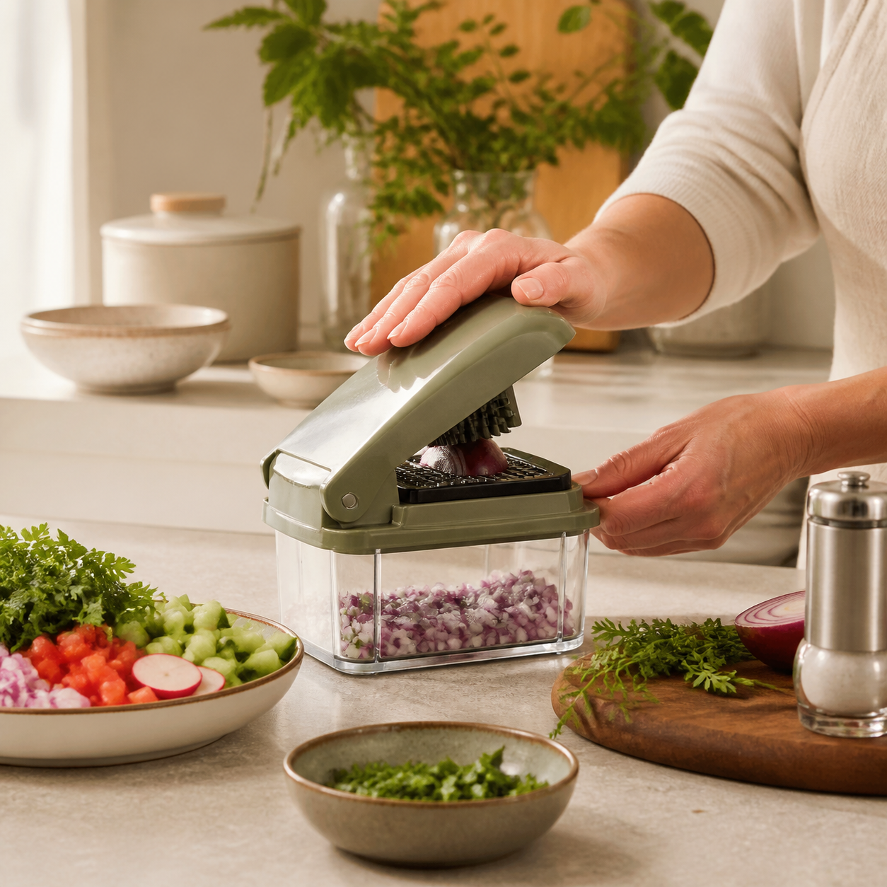 Preparing fresh vegetables with a compact kitchen tool