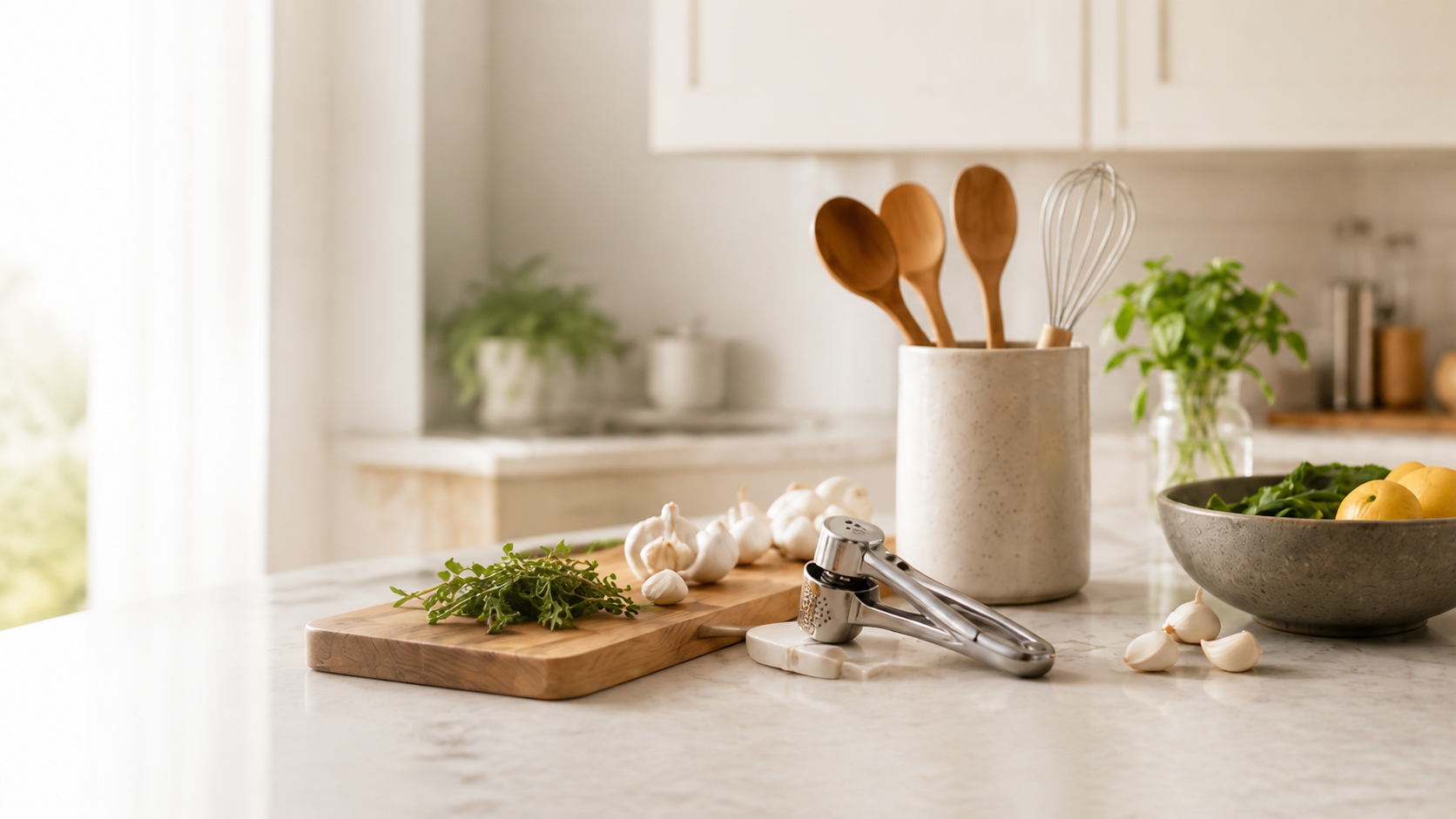 Warm modern kitchen counter with cooking tools