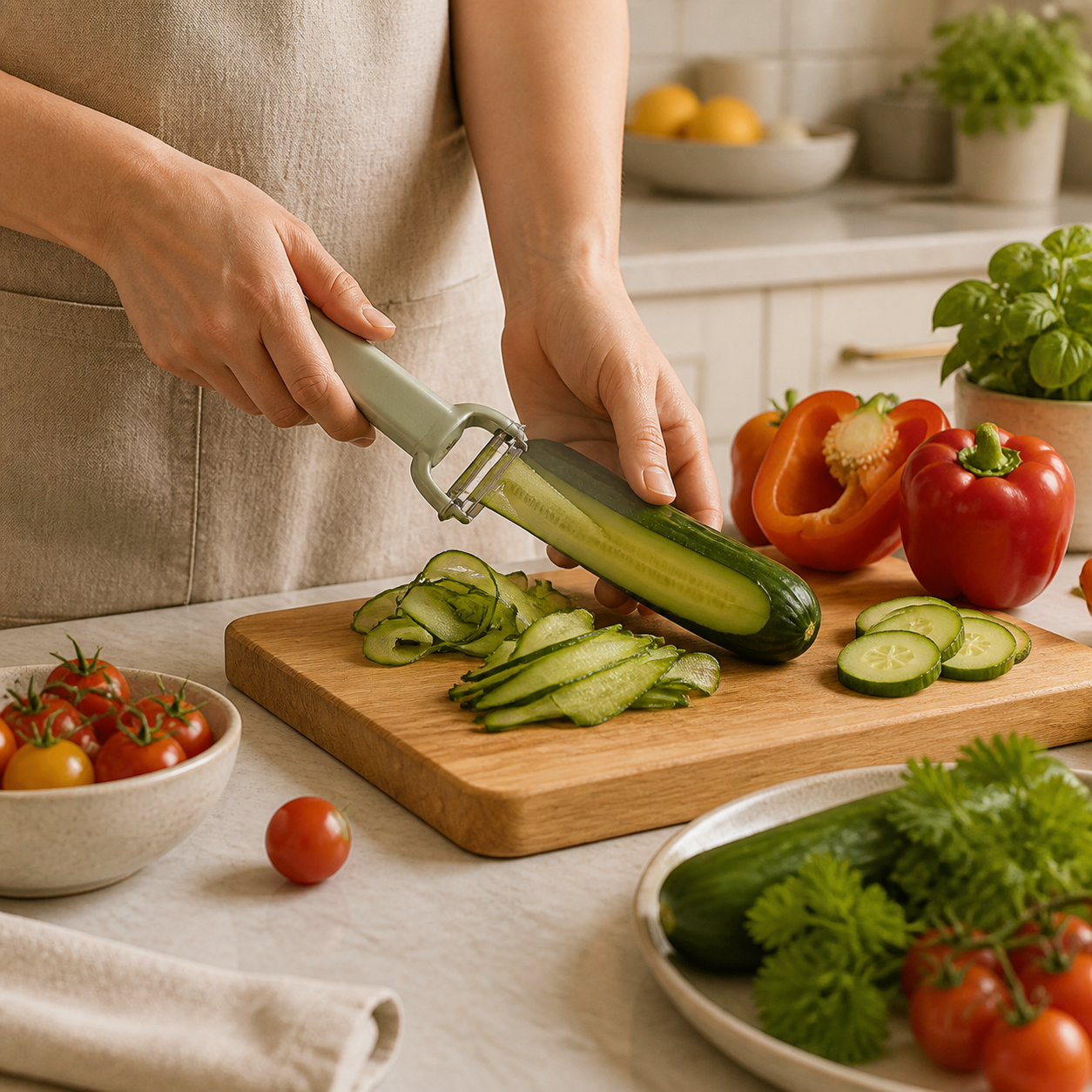 Vegetable preparation in a warm kitchen